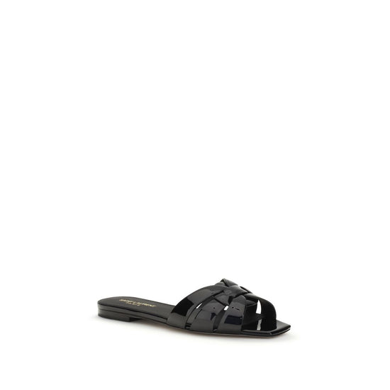 Saint Laurent Black Calf Leather Bos Taurus Flat Sandals