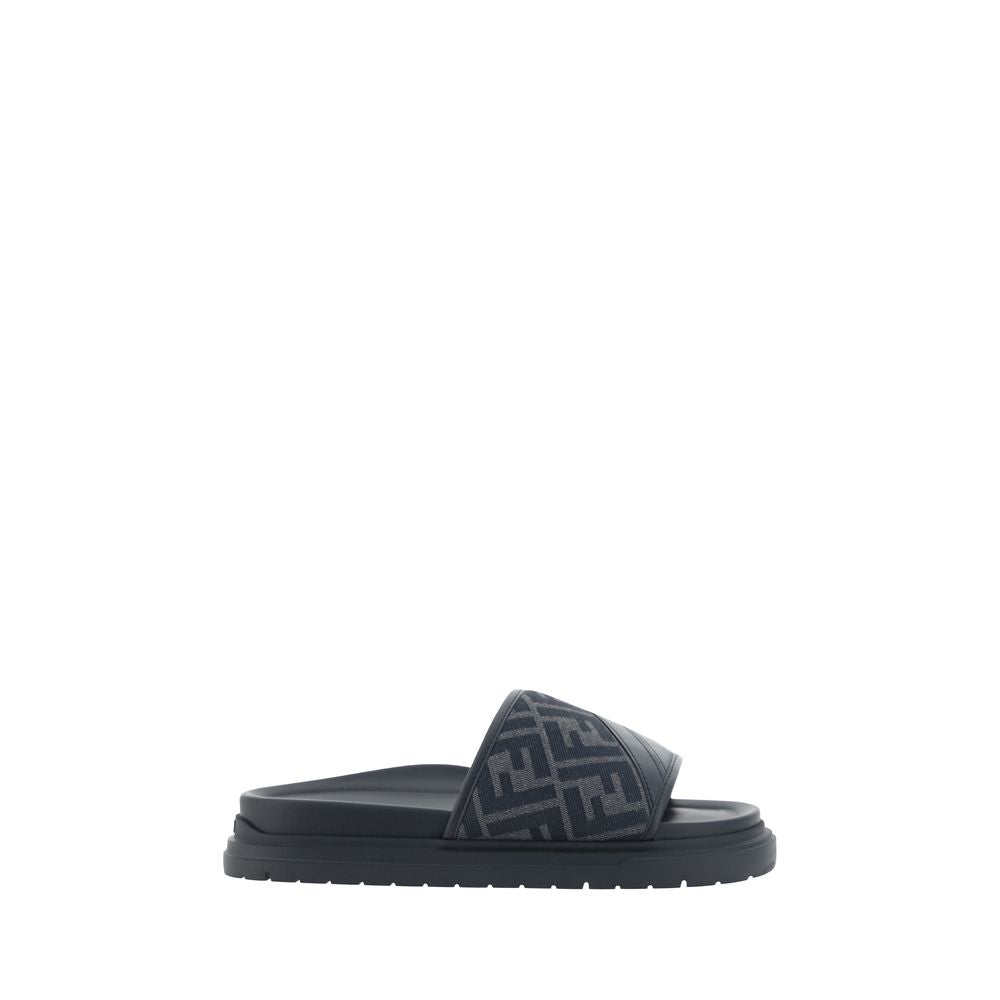 Fendi Gray Fabric Flat Sandals - Front view