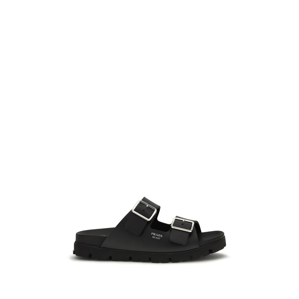 Prada Black Calf Leather Flat Sandals - Front view