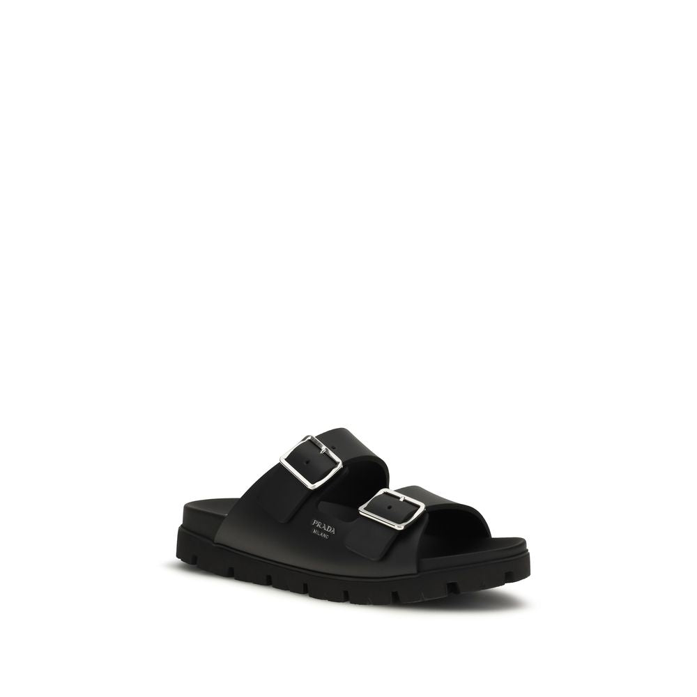 Prada Black Calf Leather Flat Sandals - Side view