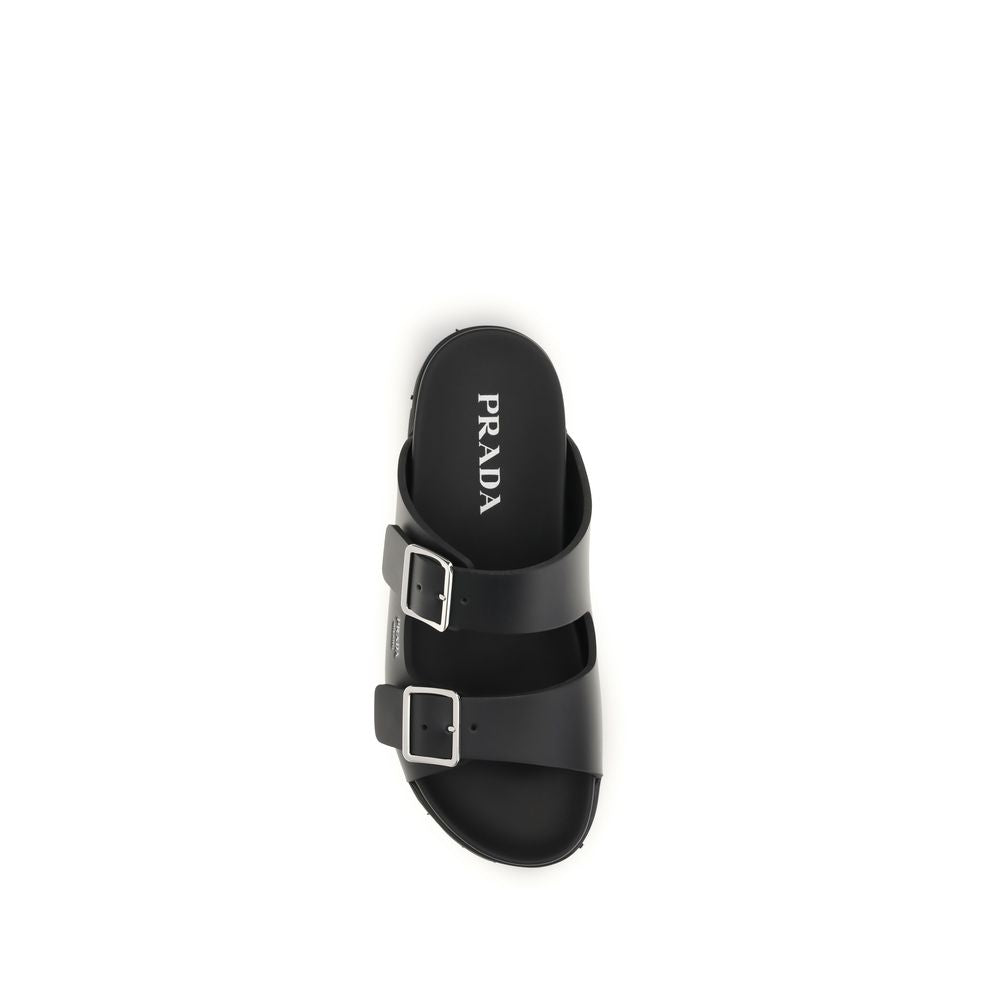 Prada Black Calf Leather Flat Sandals - Detail view