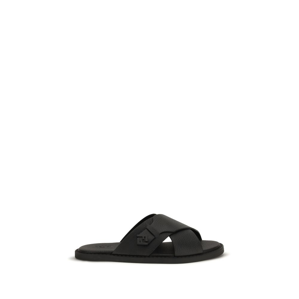 Fendi Black Calf Leather Bos Taurus Flat Sandals - Front view