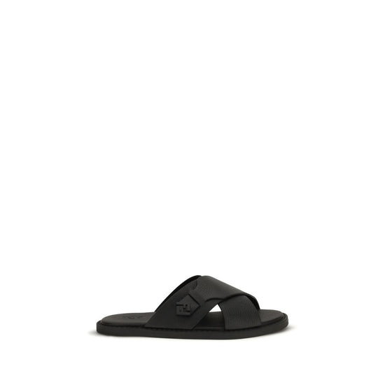 Fendi Black Calf Leather Bos Taurus Flat Sandals