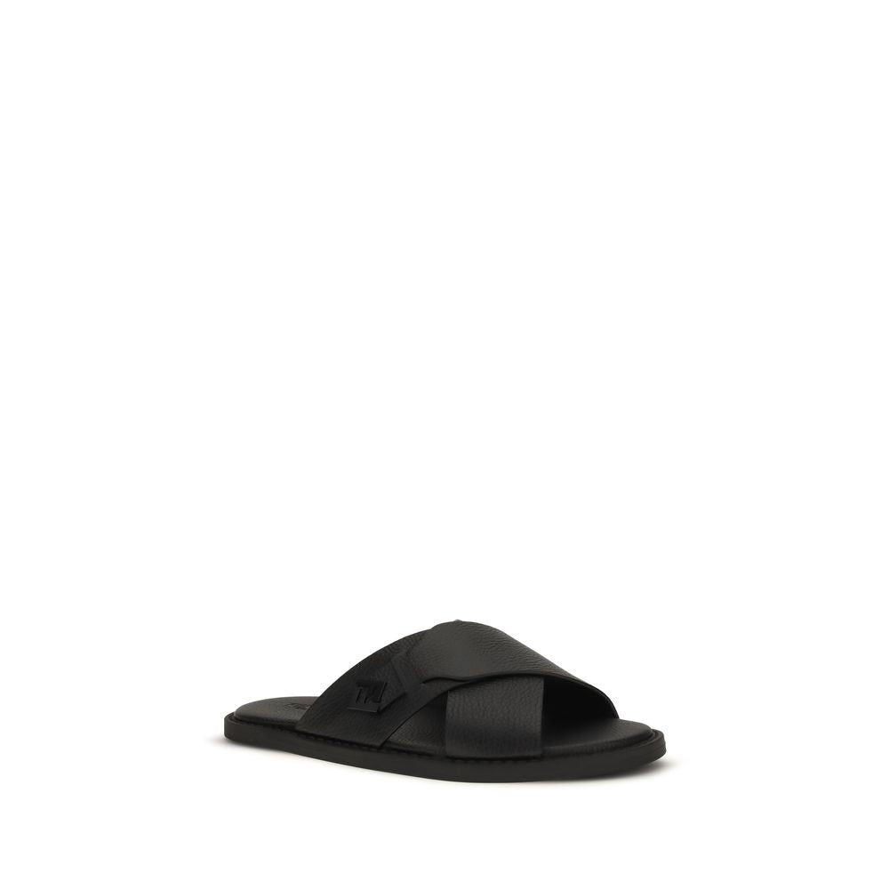 Fendi Black Calf Leather Bos Taurus Flat Sandals - Side view