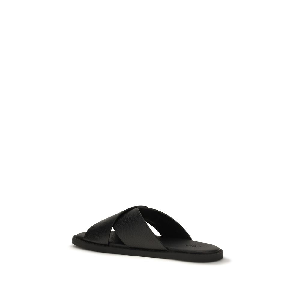 Fendi Black Calf Leather Bos Taurus Flat Sandals - Back view