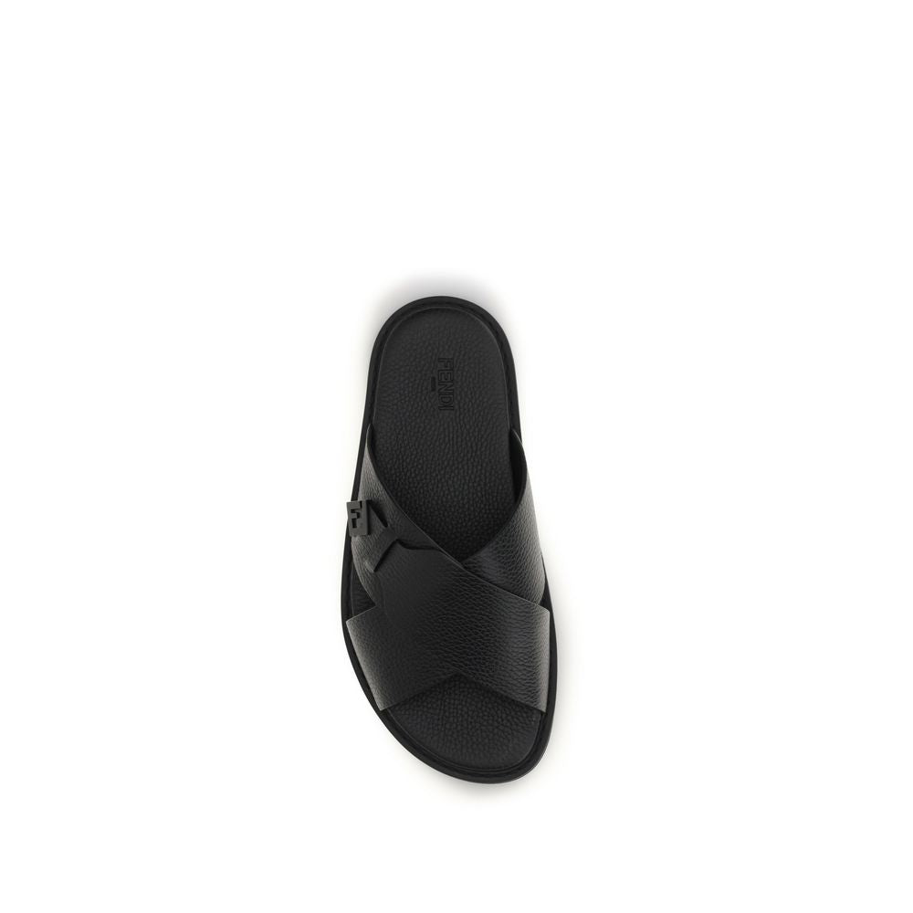 Fendi Black Calf Leather Bos Taurus Flat Sandals - Detail view
