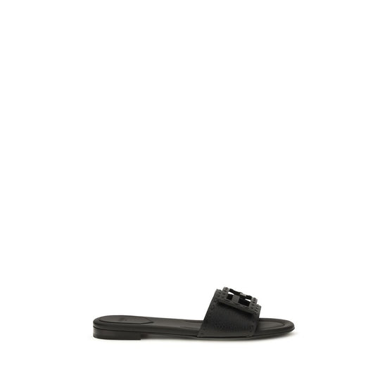 Fendi Black Calf Leather Bos Taurus Flat Sandals - Front view