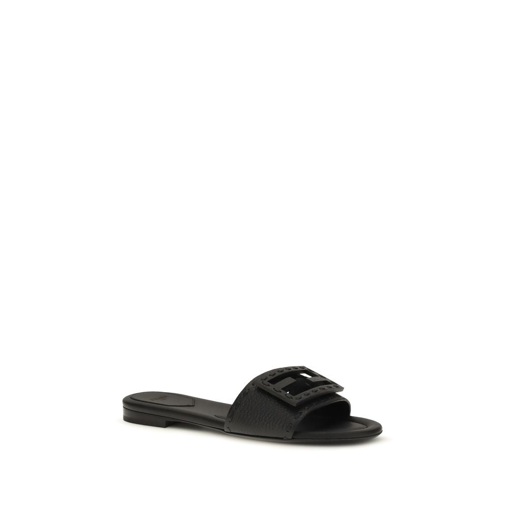Fendi Black Calf Leather Bos Taurus Flat Sandals - Side view
