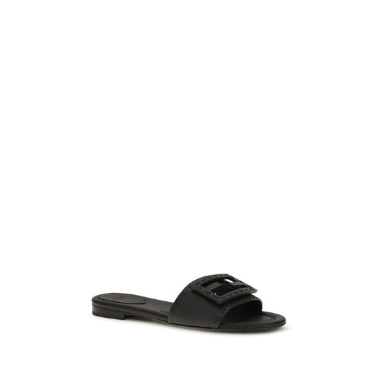 Fendi Black Calf Leather Bos Taurus Flat Sandals - Side view