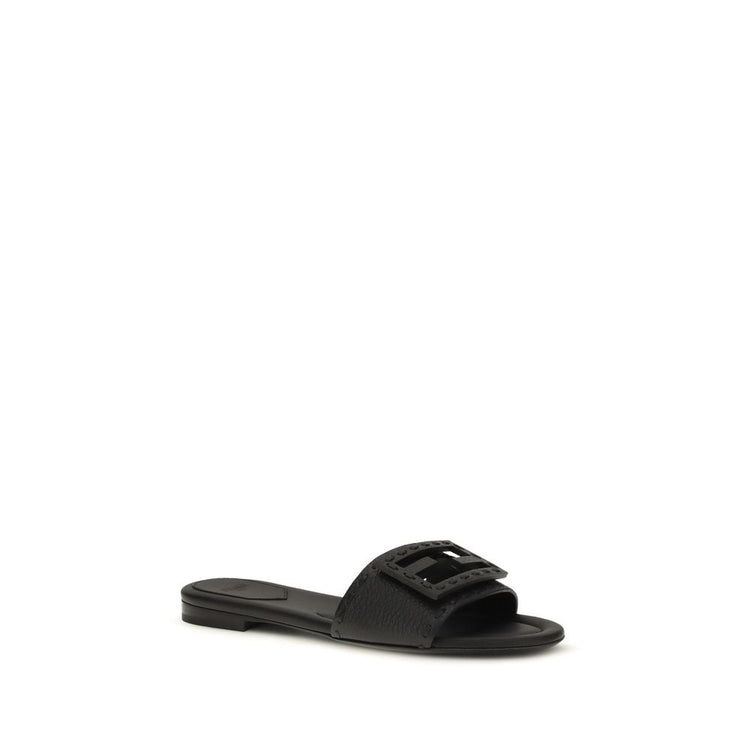 Fendi Black Calf Leather Bos Taurus Flat Sandals - Side view
