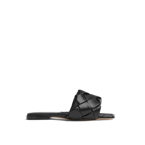 Bottega Veneta Black Lamb Leather Flat Sandals - Front view