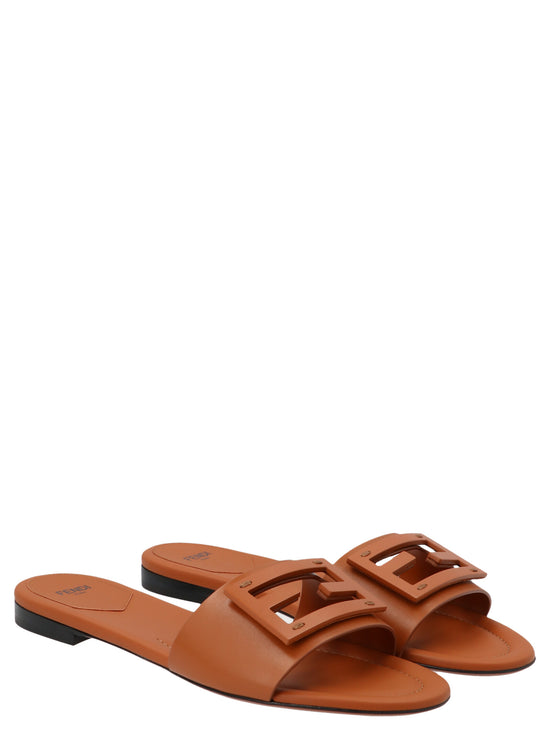 Fendi Brown Lamb Leather Slides - Front view