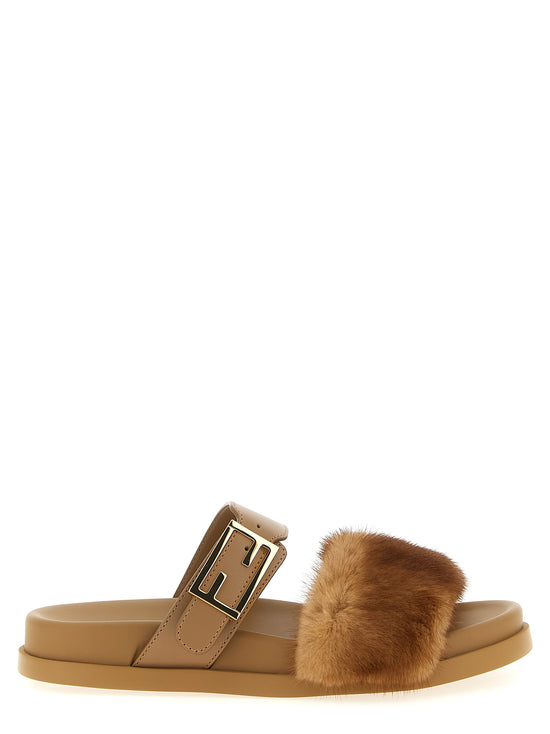 Fendi Brown Leather Slides - Front view