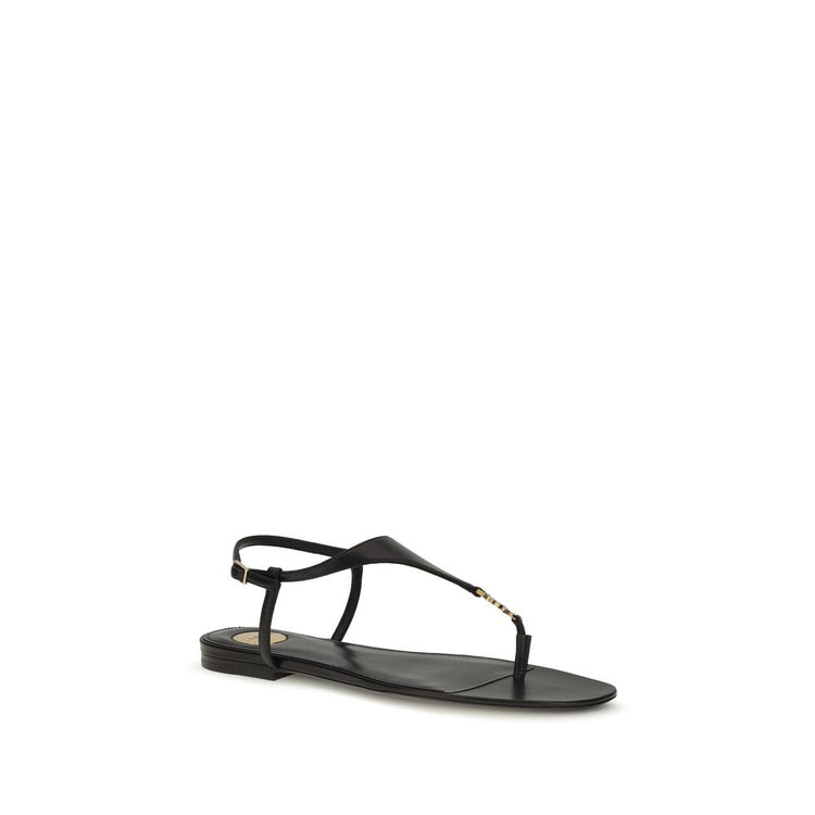 Saint Laurent Black Calf Leather Flat Sandals - Side view