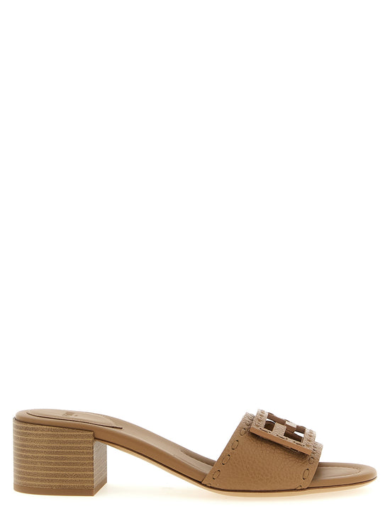 Fendi Beige Calfskin Flat Sandals - Front view