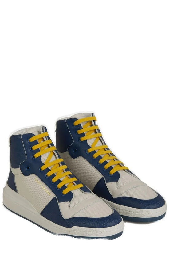 Saint Laurent Blue Calf Leather Mid Top Sneakers - Side view