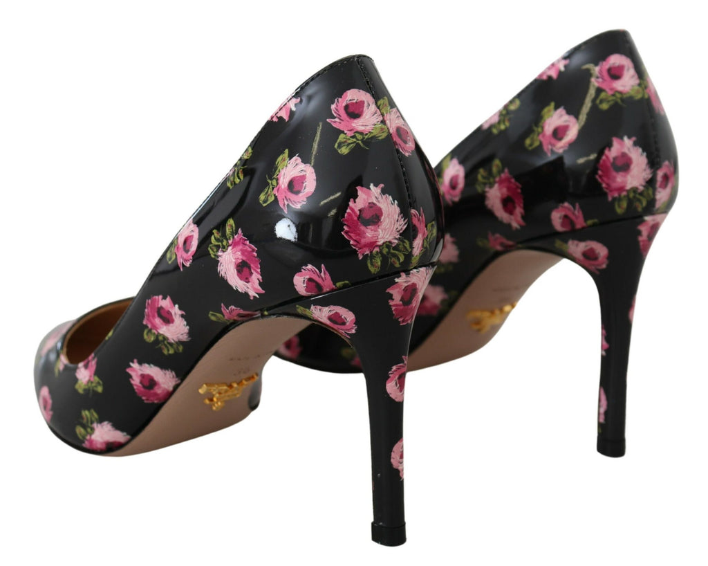 Prada Black Leather Floral Heels Stilettos Pumps - Front view