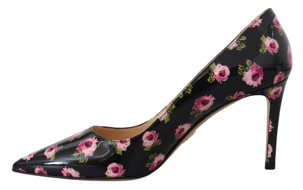 Prada Black Leather Floral Heels Stilettos Pumps - Side view