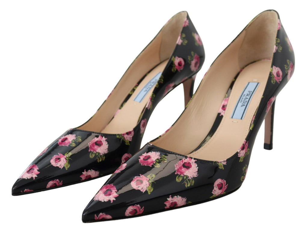 Prada Black Leather Floral Heels Stilettos Pumps - Styled view