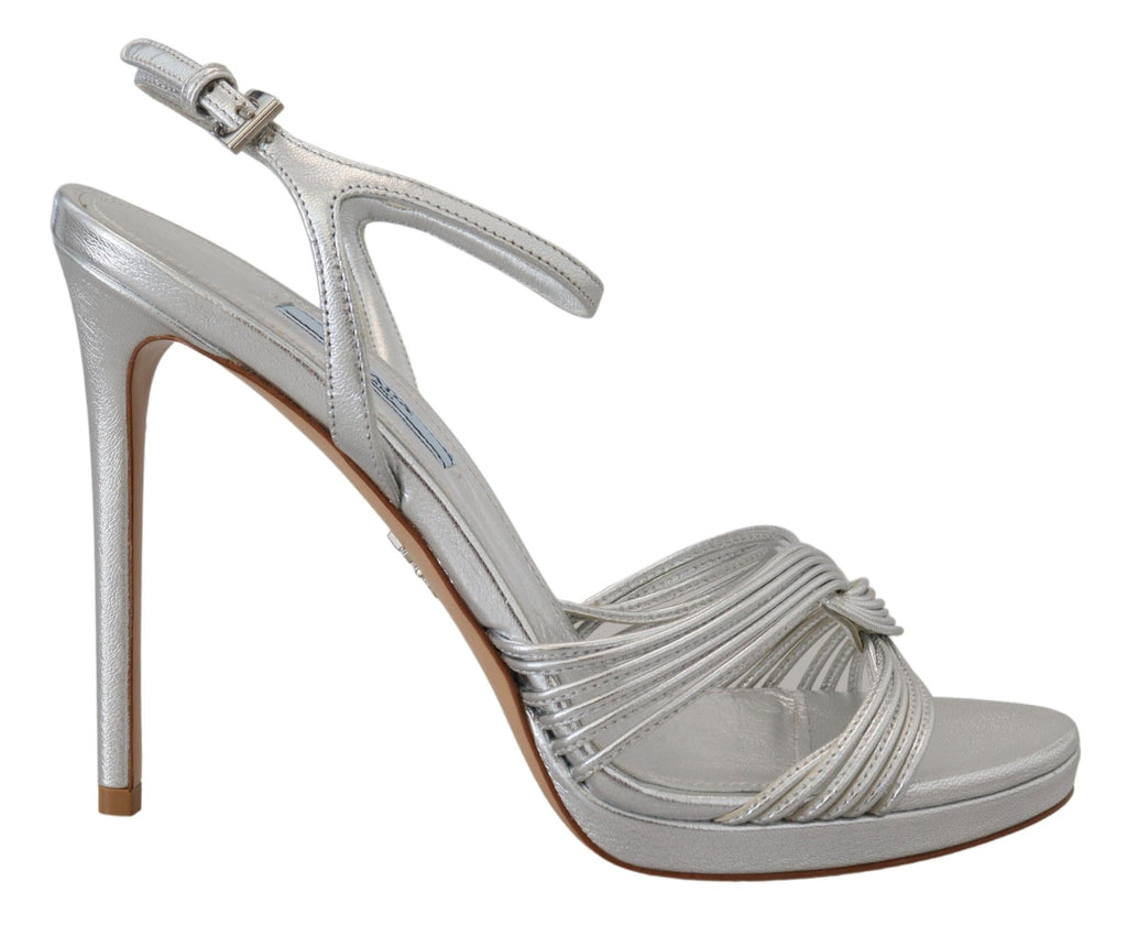 Prada Silver Leather Sandals Ankle Strap Heels Stiletto - Back view