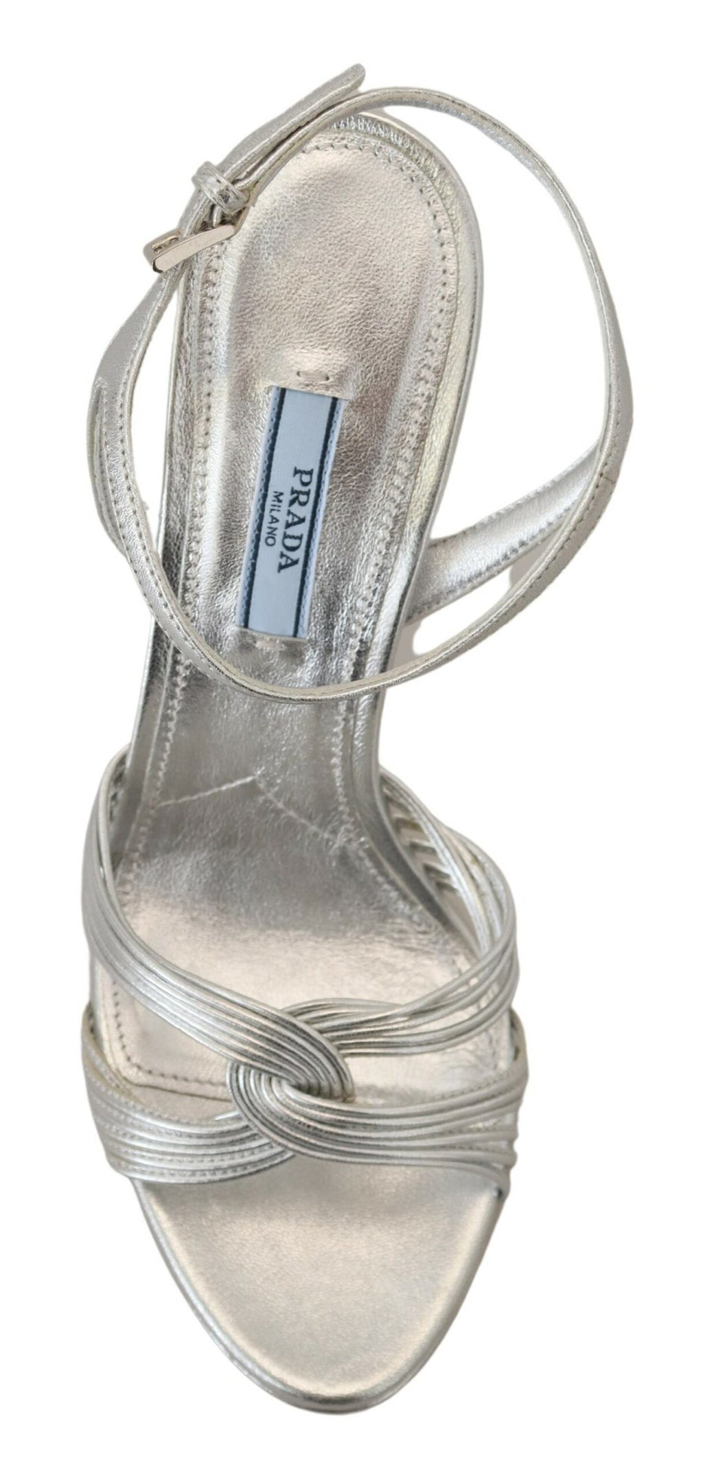 Prada Silver Leather Sandals Ankle Strap Heels Stiletto - Close-up view