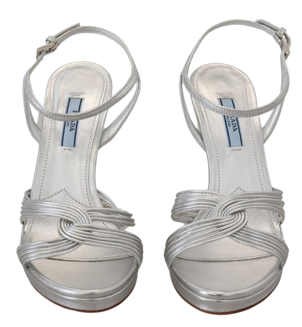Prada Silver Leather Sandals Ankle Strap Heels Stiletto - Alternate view